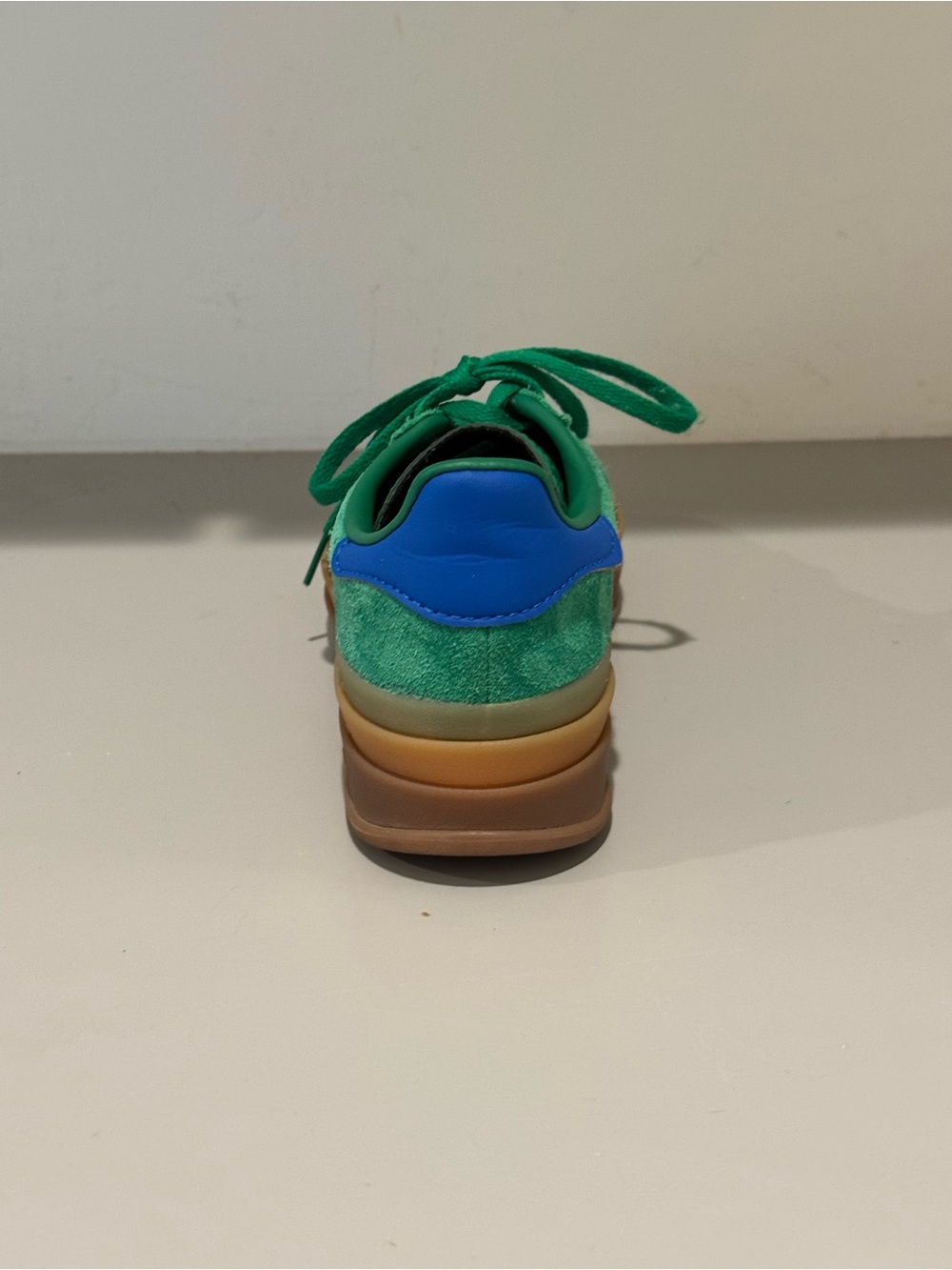 Adidas Gazelles Green Suede Women’s platform Sneakers with Blue Stripes - Picture 9 of 10